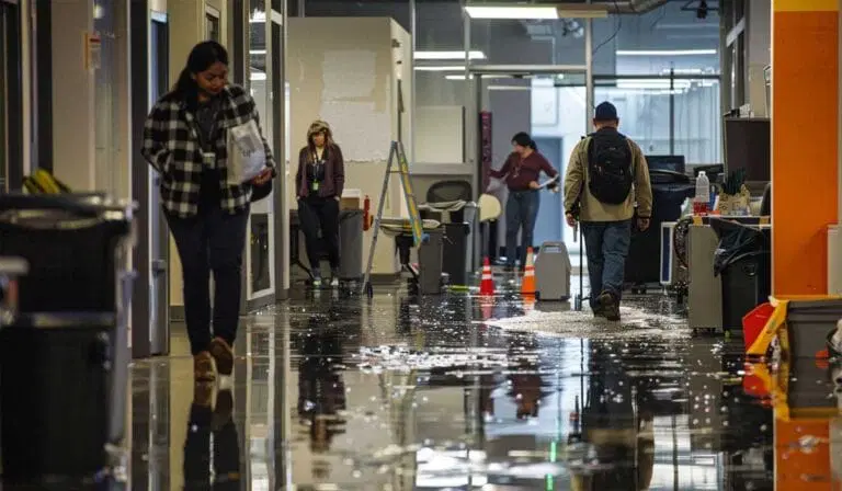 People walk through an office hallway with water flooding the floor; wet floor cones and cleaning equipment are visible.