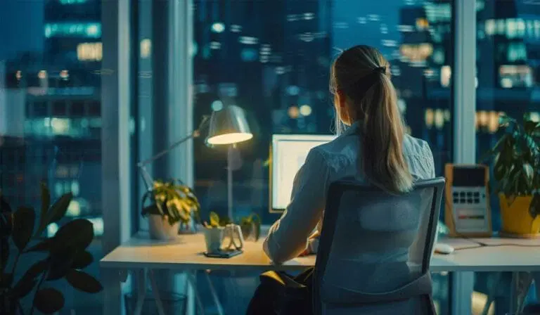 A person with long hair in a ponytail sits at a desk working on a computer in a modern office at night, with city lights visible through large windows.