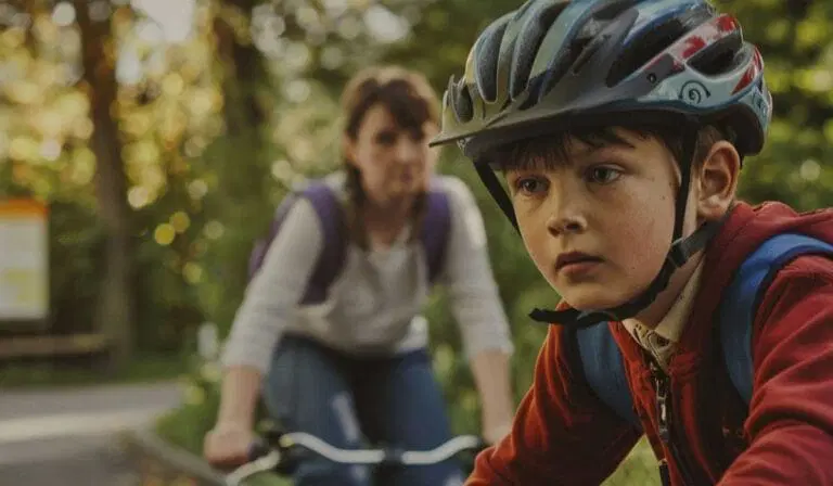 A young boy wearing a helmet rides a bicycle outdoors, with an adult woman on a bike following behind him. Trees and greenery are visible in the background.