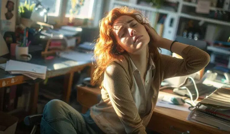 A woman with red hair sits at a cluttered desk in sunlight, tilting her head back and touching her hair.
