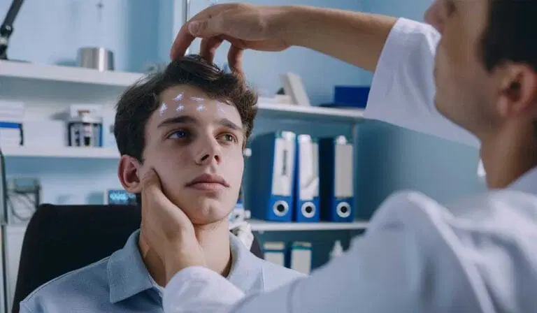 A doctor examines a young man's face in a medical office, gently holding his chin and forehead, with white markings on the patient’s forehead and cheek.