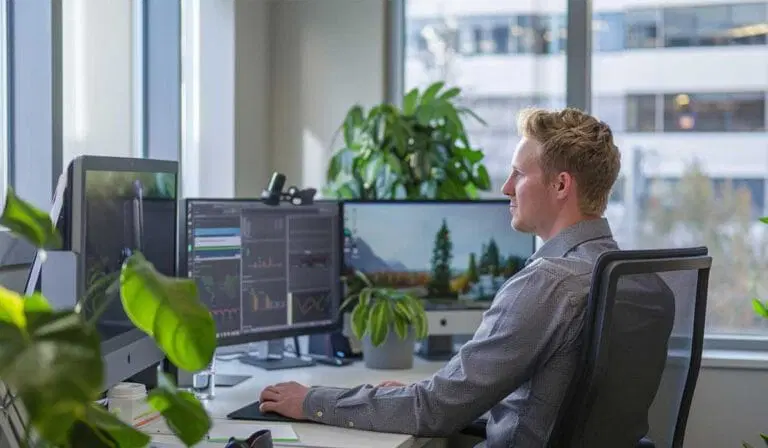 A person sits at a desk with multiple monitors displaying charts and nature scenes in a modern office with large windows and several green plants.