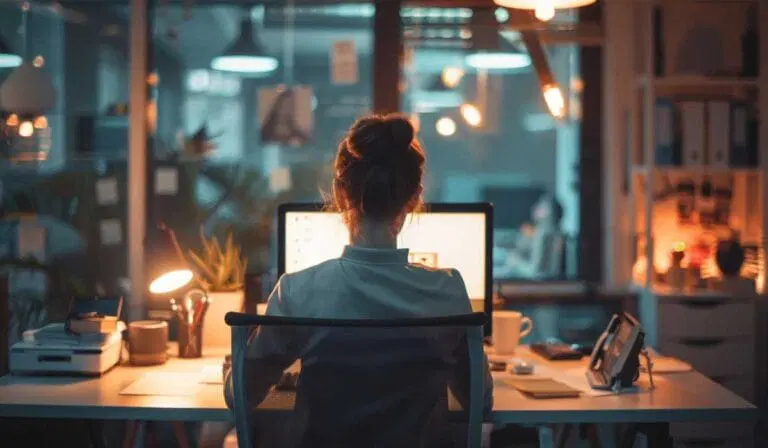 A person sits at a desk working on a computer in a dimly lit office, surrounded by lamps, papers, and office supplies.