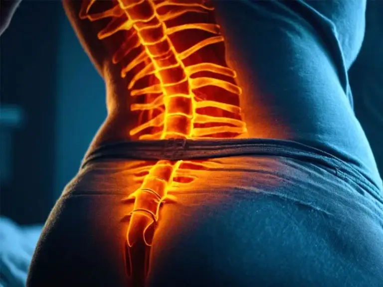 A person’s lower back with an illustration of a glowing orange spine overlay, highlighting the spinal column through their clothing.