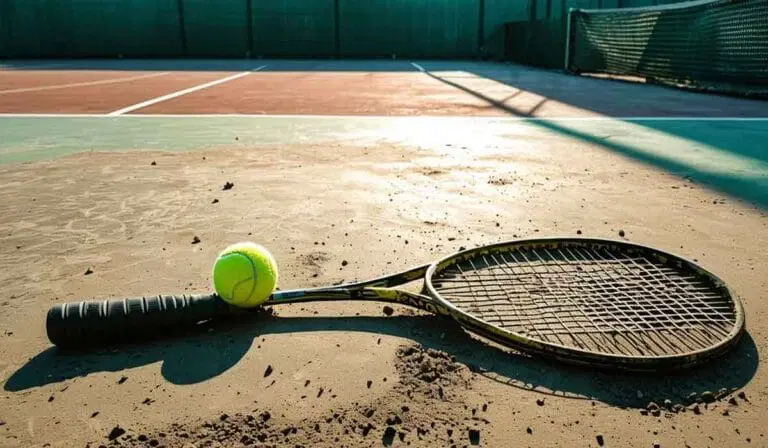 A tennis racket and a tennis ball are lying on a clay tennis court near the baseline, with the net visible in the background.