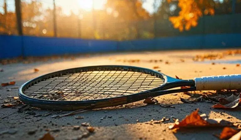 A tennis racket lies on an outdoor court scattered with autumn leaves, with sunlight shining in the background.