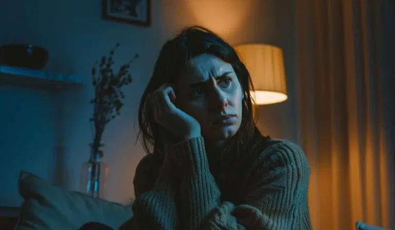 A woman sits indoors at night, resting her head on her hand and looking concerned. Warm and blue lighting fills the room, with a lamp and vase visible in the background.