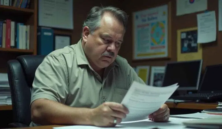 A man sits at a desk in an office, looking intently at documents in his hands, with computer monitors and papers visible in the background.