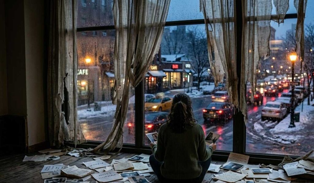 A person sits on the floor surrounded by papers, looking out a window with torn curtains at a snowy street with cars and lit shops in the evening.