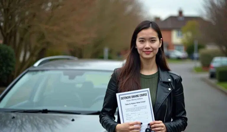 A woman stands in front of a car holding a defensive driving course certificate outdoors on a residential street.