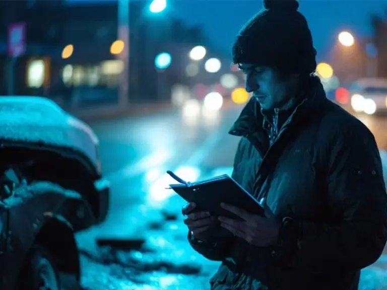 A man in winter clothing writes on a clipboard at night near a damaged car on a wet street with blurred lights in the background.