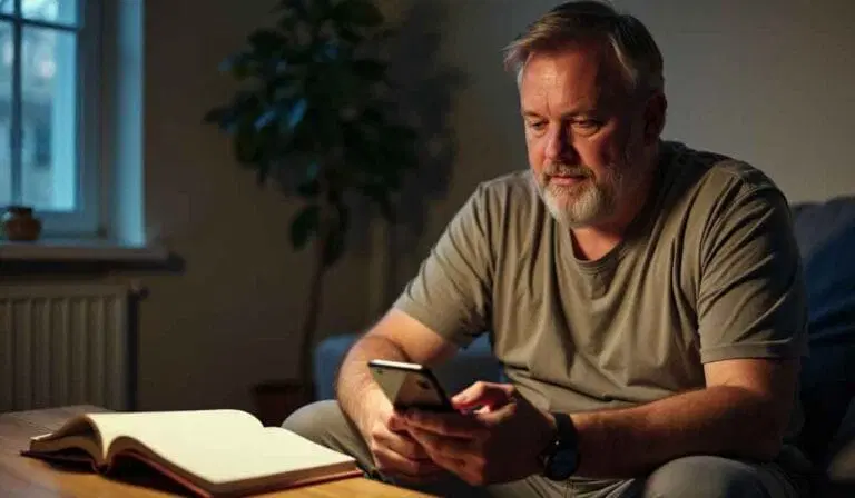 Middle-aged man with a beard sitting indoors on a sofa, looking at his smartphone, with an open book on the table in front of him.