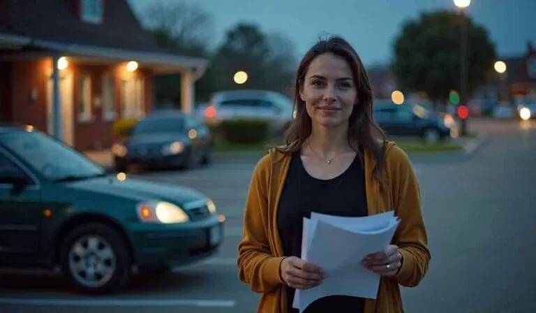 A woman stands in a parking lot at dusk, holding papers and smiling, with cars and a building visible in the background.