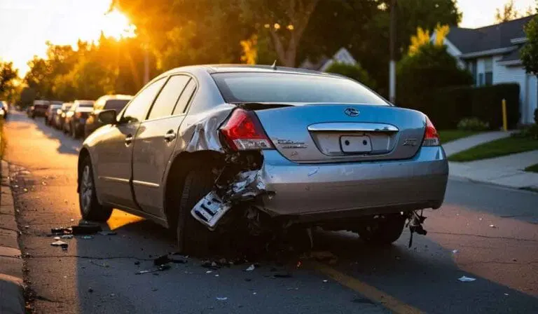 A silver sedan with significant rear-end damage is parked on a residential street in the early evening sunlight.