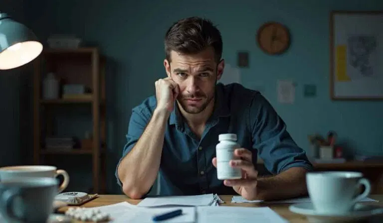 A man sits at a desk holding a pill bottle, looking serious. Papers, cups, and a lamp are also on the desk in a dimly lit room.