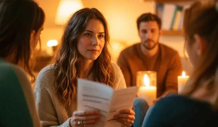 A woman holding papers sits with three others in a warmly lit room, surrounded by candles, as they have a conversation.