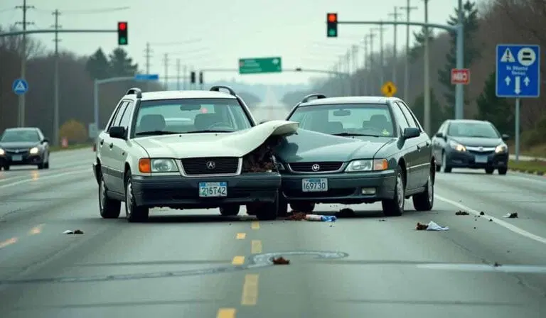Two cars with front-end damage are stopped in the middle of an intersection after a head-on collision, with debris scattered on the road.