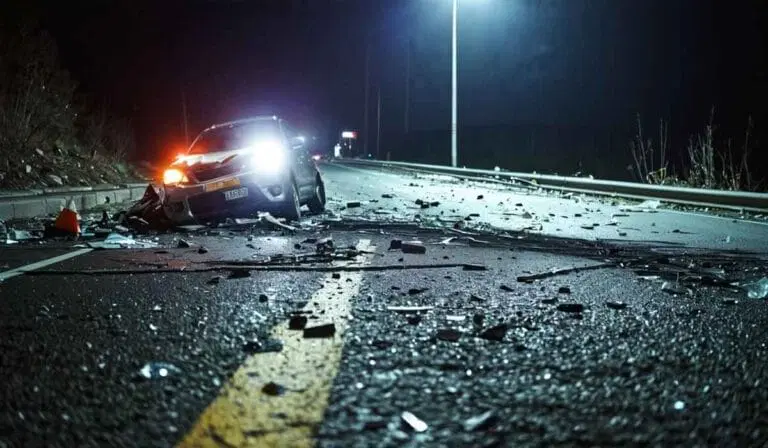 A damaged car with headlights on is stopped in the middle of a road at night, surrounded by debris from a collision.