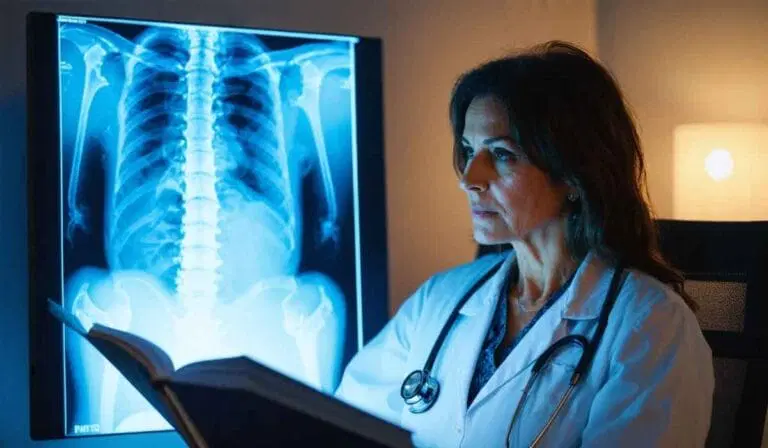 A doctor in a white coat examines a medical chart while viewing a chest X-ray displayed on a lighted screen.