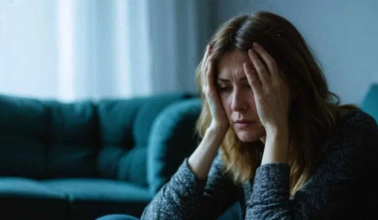 A woman sits on a couch with her head in her hands, appearing stressed or upset in a dimly lit room.