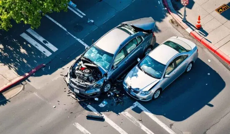 Aerial view of two cars involved in a collision at an intersection, showing significant front-end damage to both vehicles. Debris is scattered on the road.