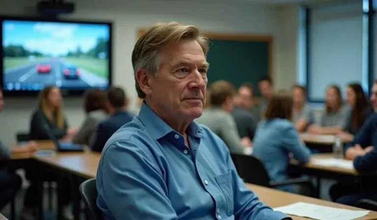 A man in a blue shirt sits in a classroom with people around a table; a screen in the background displays an image of cars on a road.