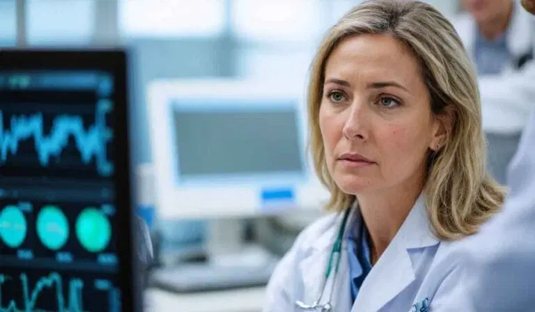 A woman in a white lab coat sits in a medical setting, looking focused, with medical monitors displaying vital signs in the foreground.