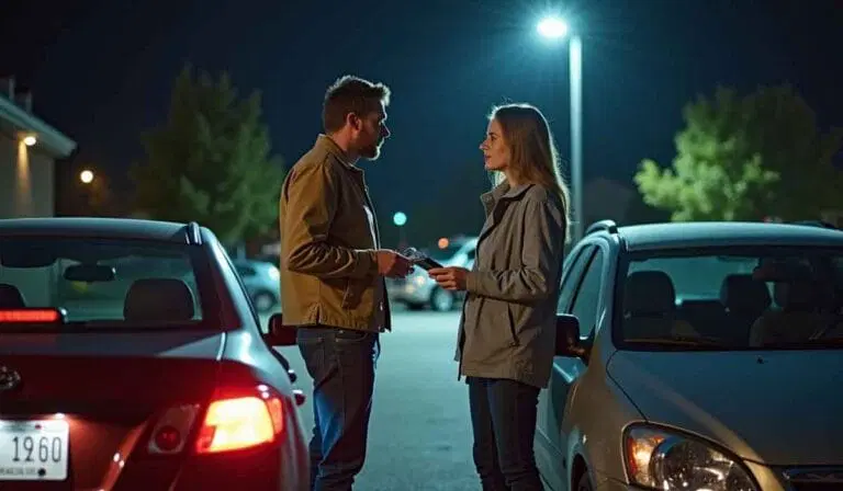 A man and a woman stand between two parked cars at night, facing each other and talking under a streetlight in a parking lot.