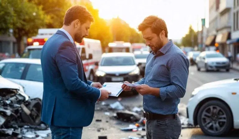 Two men exchange information and documents on a street with damaged cars and emergency vehicles in the background after a car accident.