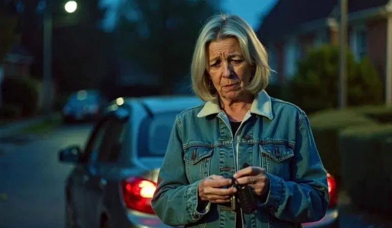 An older woman in a denim jacket stands in front of a parked car on a suburban street at dusk, looking down and holding a set of keys.