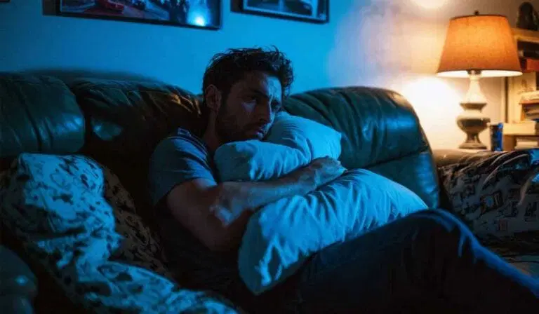 A man sits on a couch at night, hugging a pillow and looking pensive, with a lit lamp and framed pictures in the background.