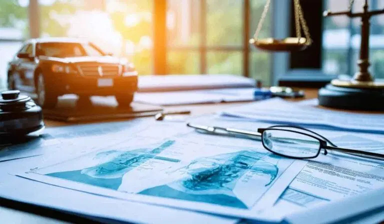 A desk with legal documents, a pair of eyeglasses, a pen, a model car, scales of justice, and sunlight coming through a window.
