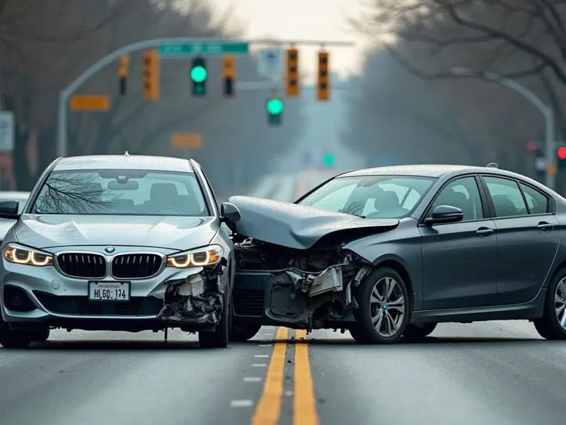 Two cars with front-end damage are stopped in the middle of a street following a collision, with traffic lights visible in the background.