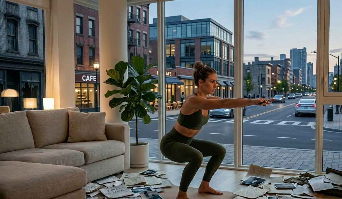 A woman in workout clothes does squats in a modern living room with scattered papers on the floor, large windows showing a city street outside.
