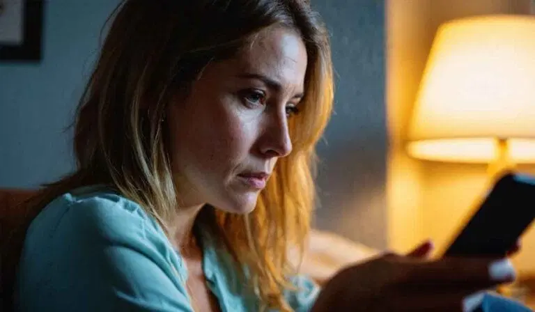 A woman sits indoors, looking intently at her smartphone, with a lit lamp in the background.