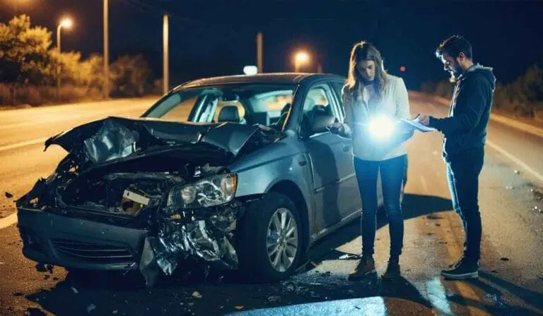 Two people stand by a heavily damaged car on a deserted road at night, inspecting documents and using a phone flashlight.