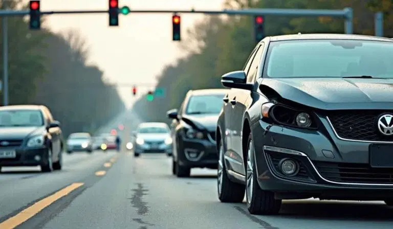 Several cars drive on a multi-lane road approaching a traffic light, with trees lining both sides of the street.