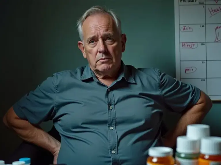 An older man sits with arms at his sides in front of bottles of medication, with a calendar or whiteboard visible on the wall behind him.
