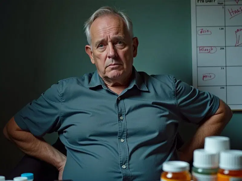 An older man sits with arms at his sides in front of bottles of medication, with a calendar or whiteboard visible on the wall behind him.