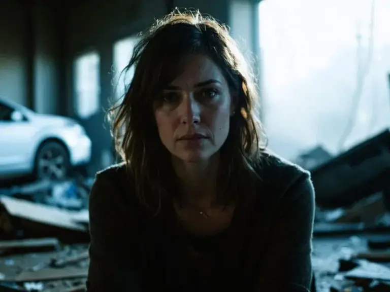 A woman with shoulder-length hair sits indoors among debris, with a damaged car visible in the background and light streaming through a broken window.