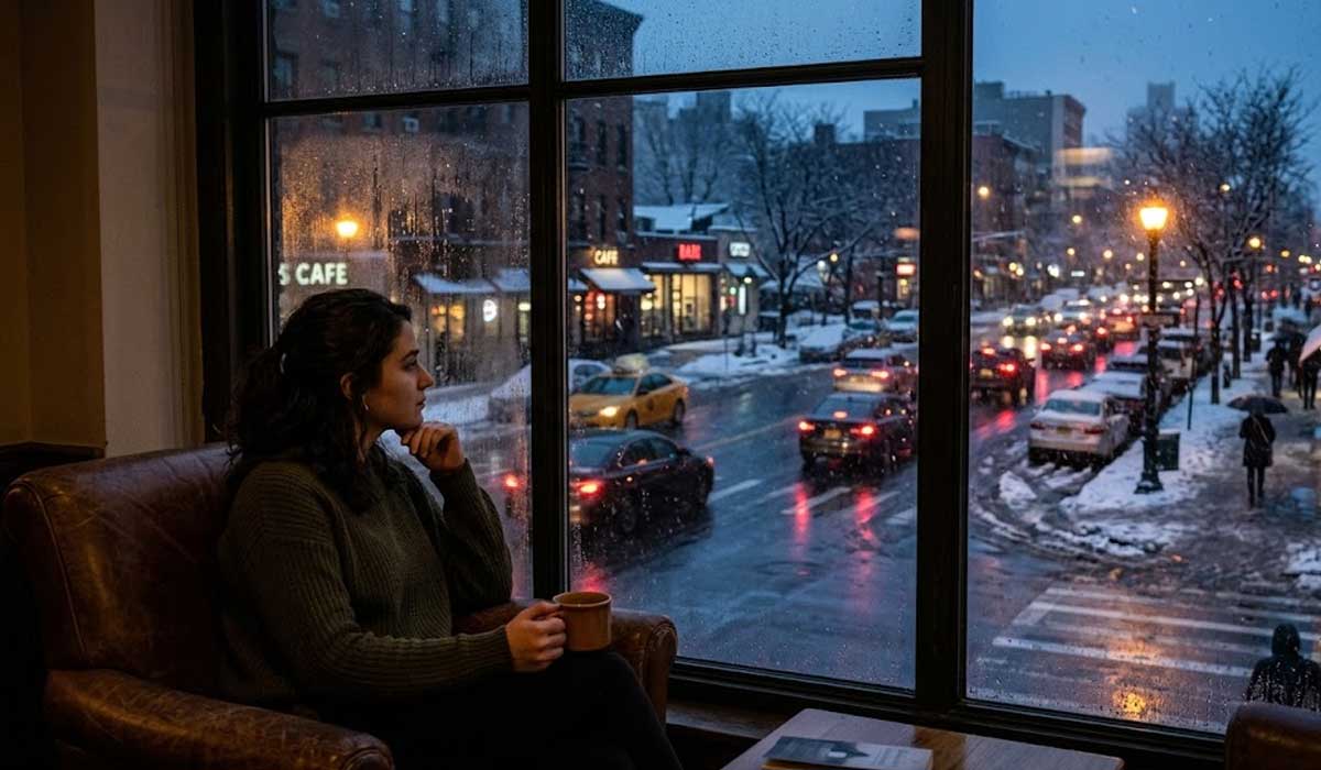 A person sits indoors with a mug, looking out a large window at a snowy city street with cars and illuminated streetlights at dusk.