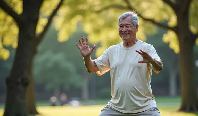 An older man practices tai chi in a park, standing with bent knees and raised arms. Sunlight filters through the trees in the background.
