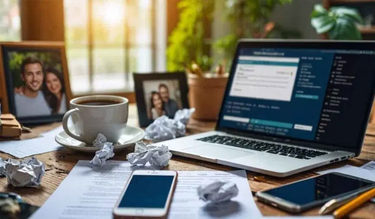 A cluttered desk with a laptop, coffee cup, crumpled papers, smartphone, and framed photos, with sunlight streaming in from a window and plants in the background.
