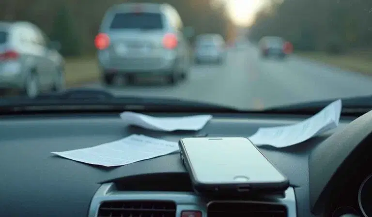 A smartphone and several papers rest on a car dashboard while vehicles are seen on a road through the windshield.
