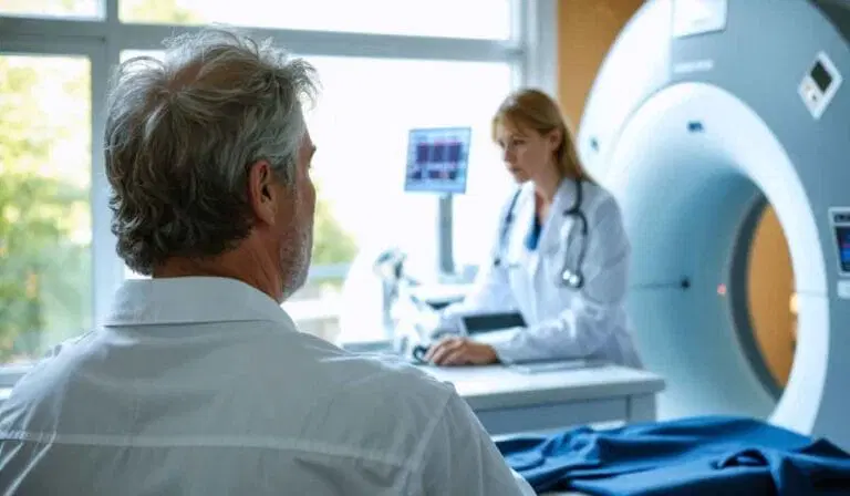 A patient sits near an MRI machine while a doctor in a white coat operates a computer in a medical imaging room.