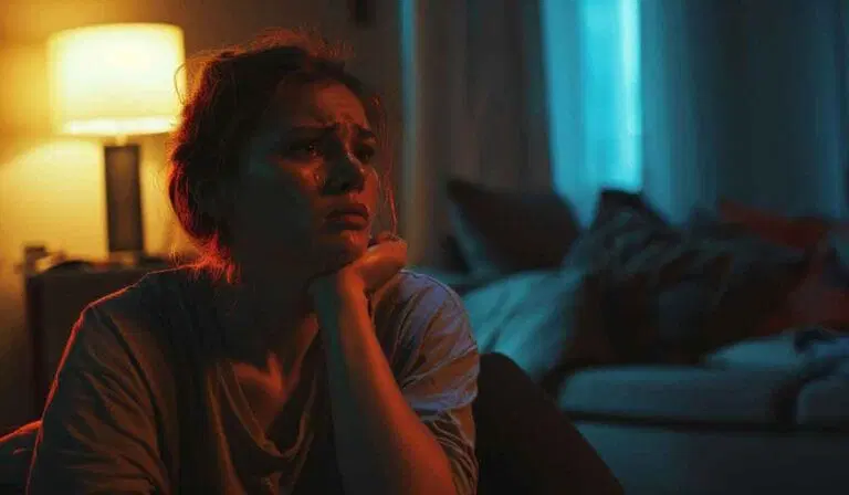 A woman sits indoors, resting her chin on her hand, looking distressed with tears on her face. The room is dimly lit by a lamp and blue light from a window.