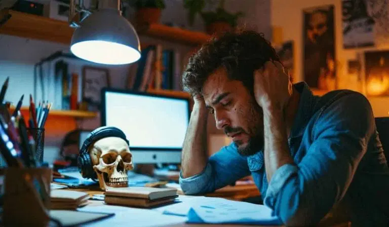 A man sits at a cluttered desk holding his head, appearing stressed. A skull with headphones is on the desk next to an open notebook and a computer monitor.