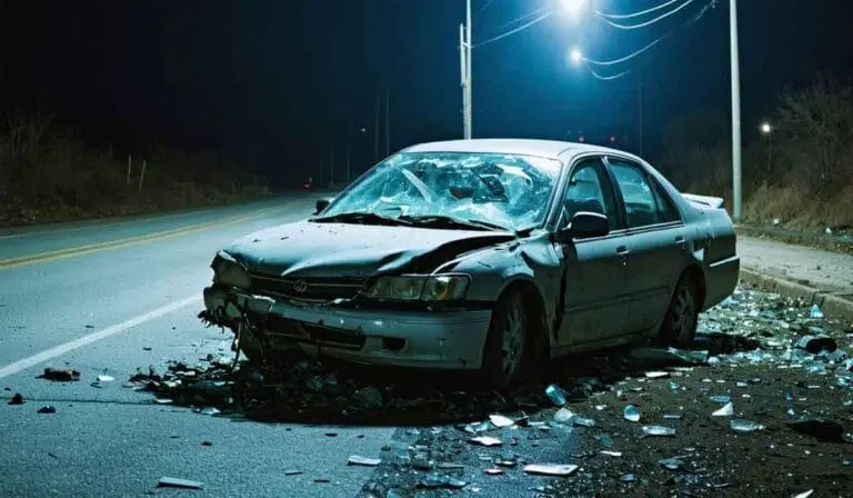 A severely damaged car with a smashed windshield and crumpled front end sits on the side of a deserted road at night, surrounded by debris.