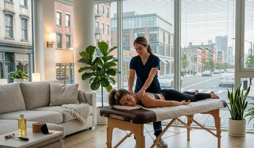 A massage therapist gives a back massage to a client lying face down on a massage table in a modern, bright room with large windows and city views.