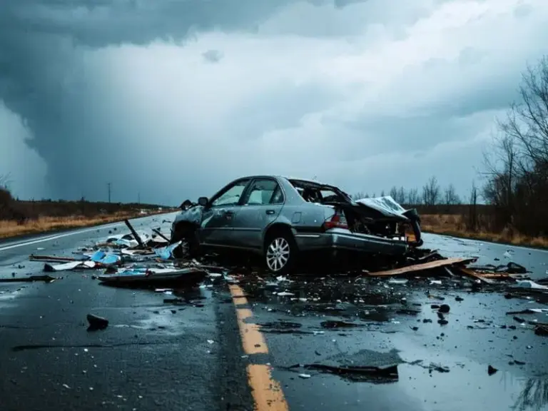 A severely damaged car sits in the middle of an empty road, surrounded by debris, under a cloudy sky.
